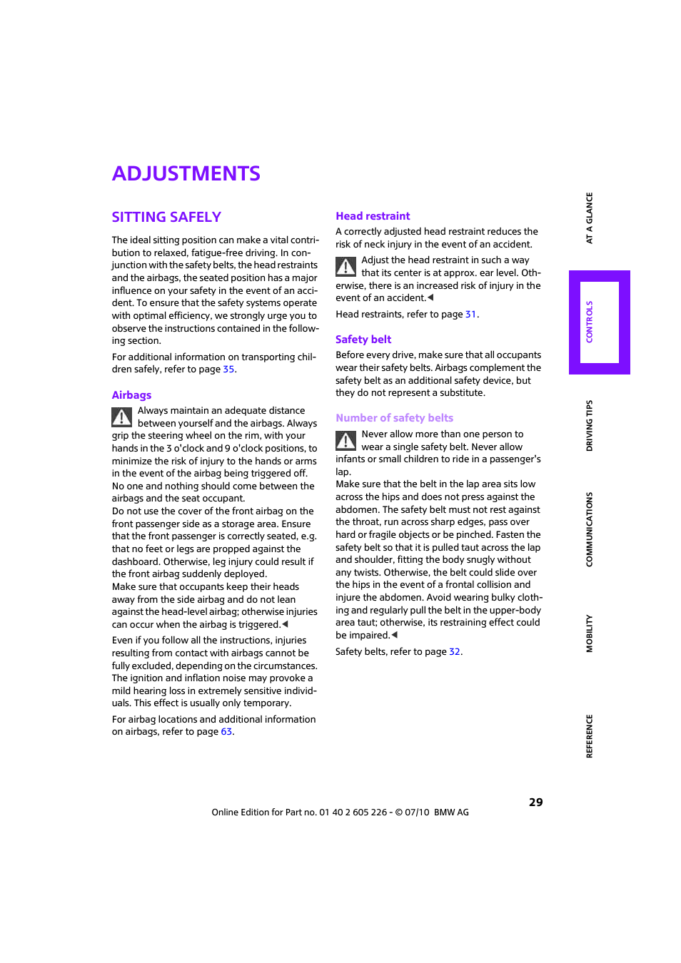 Adjustments, Sitting safely | Mini 2011 Clubman User Manual | Page 31 / 172