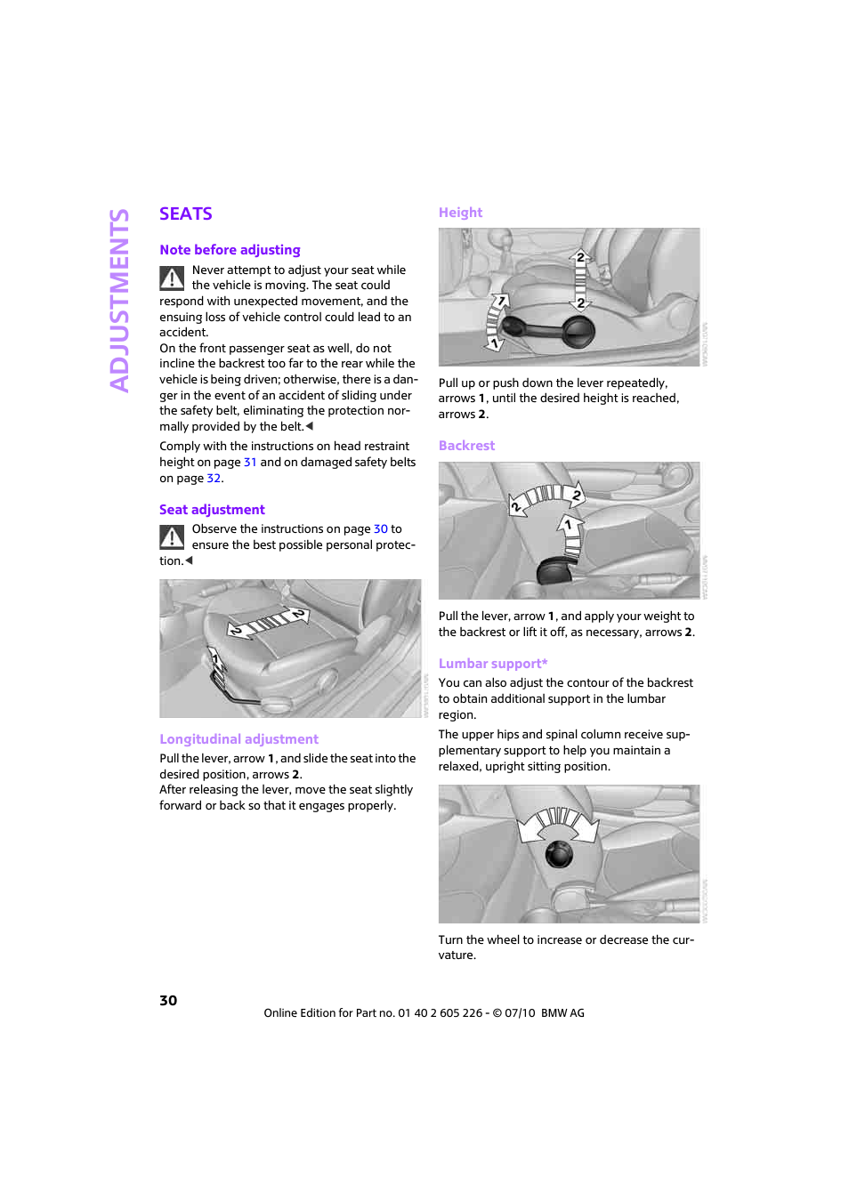 Seats, Adjustments | Mini 2011 Clubman User Manual | Page 32 / 172