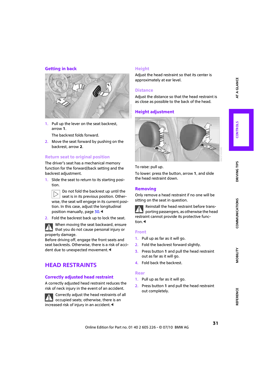 Head restraints | Mini 2011 Clubman User Manual | Page 33 / 172