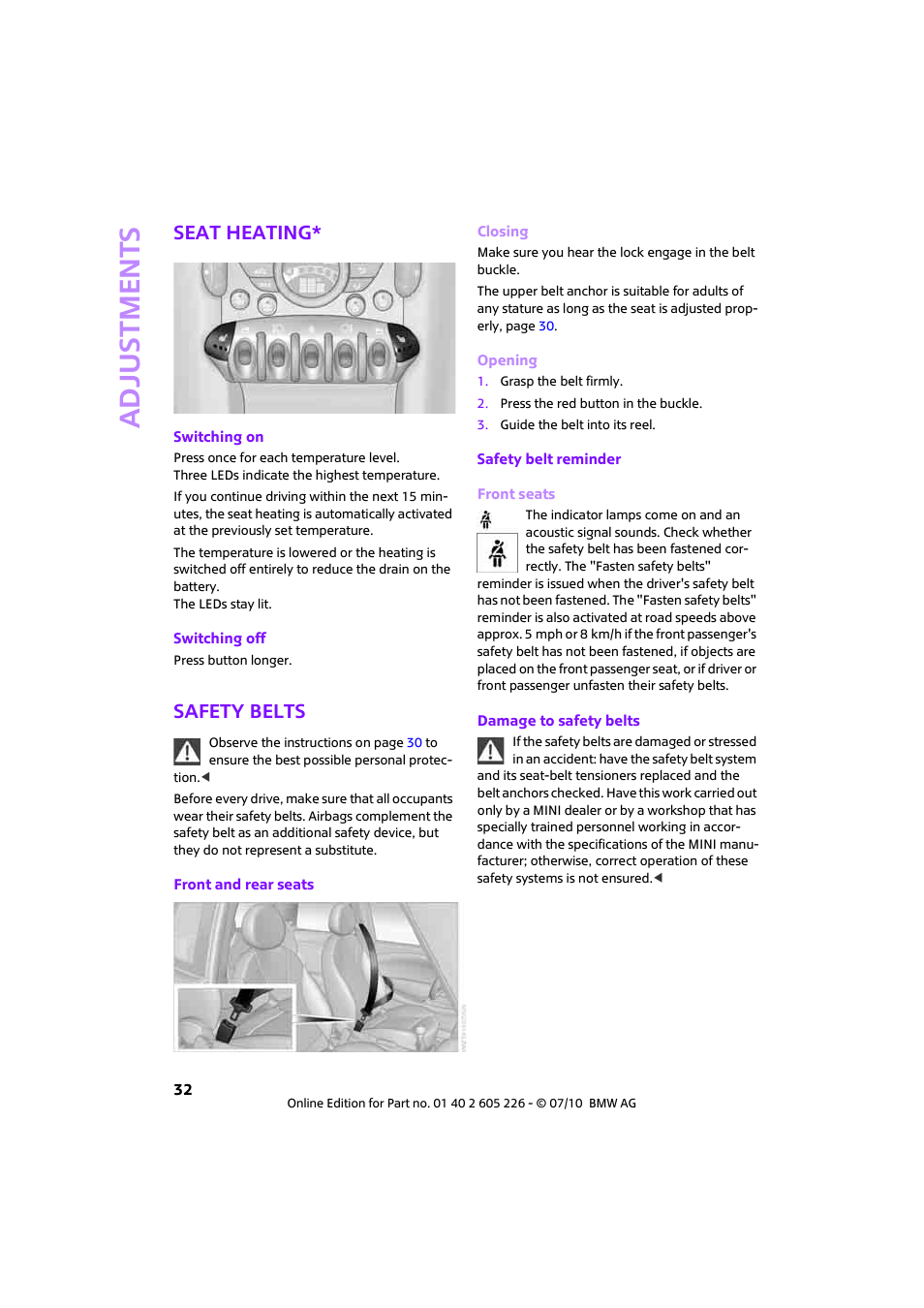 Seat heating, Safety belts, Adjustments | Mini 2011 Clubman User Manual | Page 34 / 172