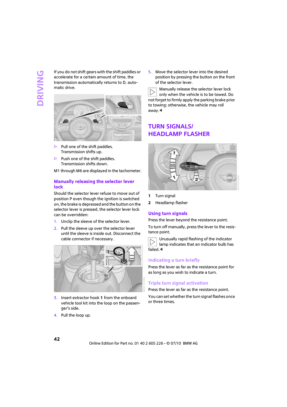 Turn signals/ headlamp flasher, Driving | Mini 2011 Clubman User Manual | Page 44 / 172