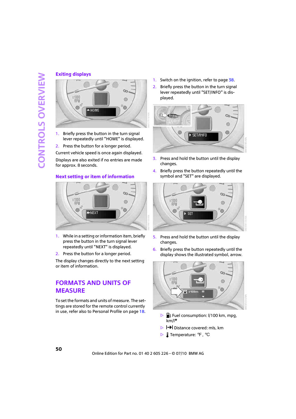 Formats and units of measure, For- mats and units of measure, Erature, refer to formats and units of measure | Controls overview | Mini 2011 Clubman User Manual | Page 52 / 172