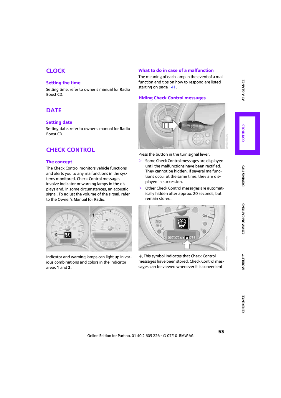 Clock, Date, Check control | Mini 2011 Clubman User Manual | Page 55 / 172