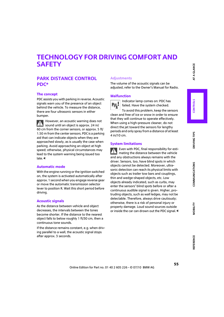 Technology for driving comfort and safety, Park distance control pdc | Mini 2011 Clubman User Manual | Page 57 / 172