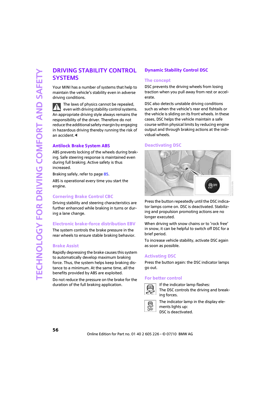 Driving stability control systems | Mini 2011 Clubman User Manual | Page 58 / 172