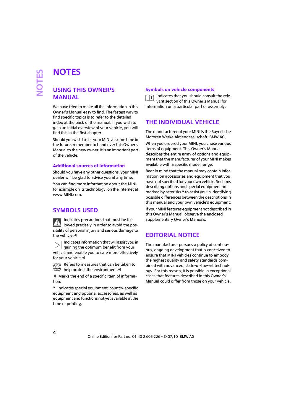 Notes, Using this owner's manual, Symbols used | The individual vehicle, Editorial notice, No te s | Mini 2011 Clubman User Manual | Page 6 / 172