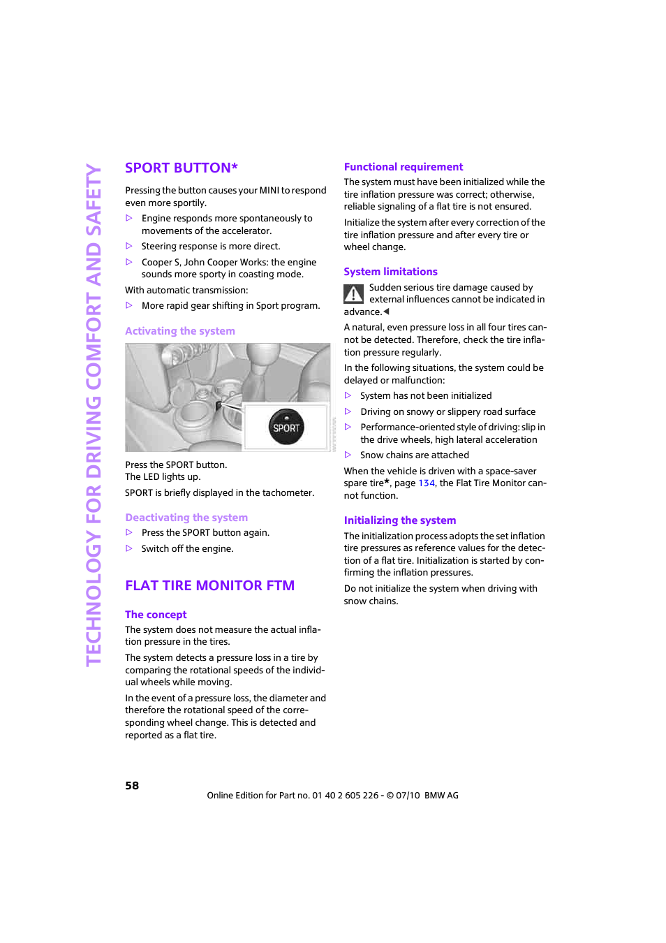 Sport button, Flat tire monitor ftm | Mini 2011 Clubman User Manual | Page 60 / 172
