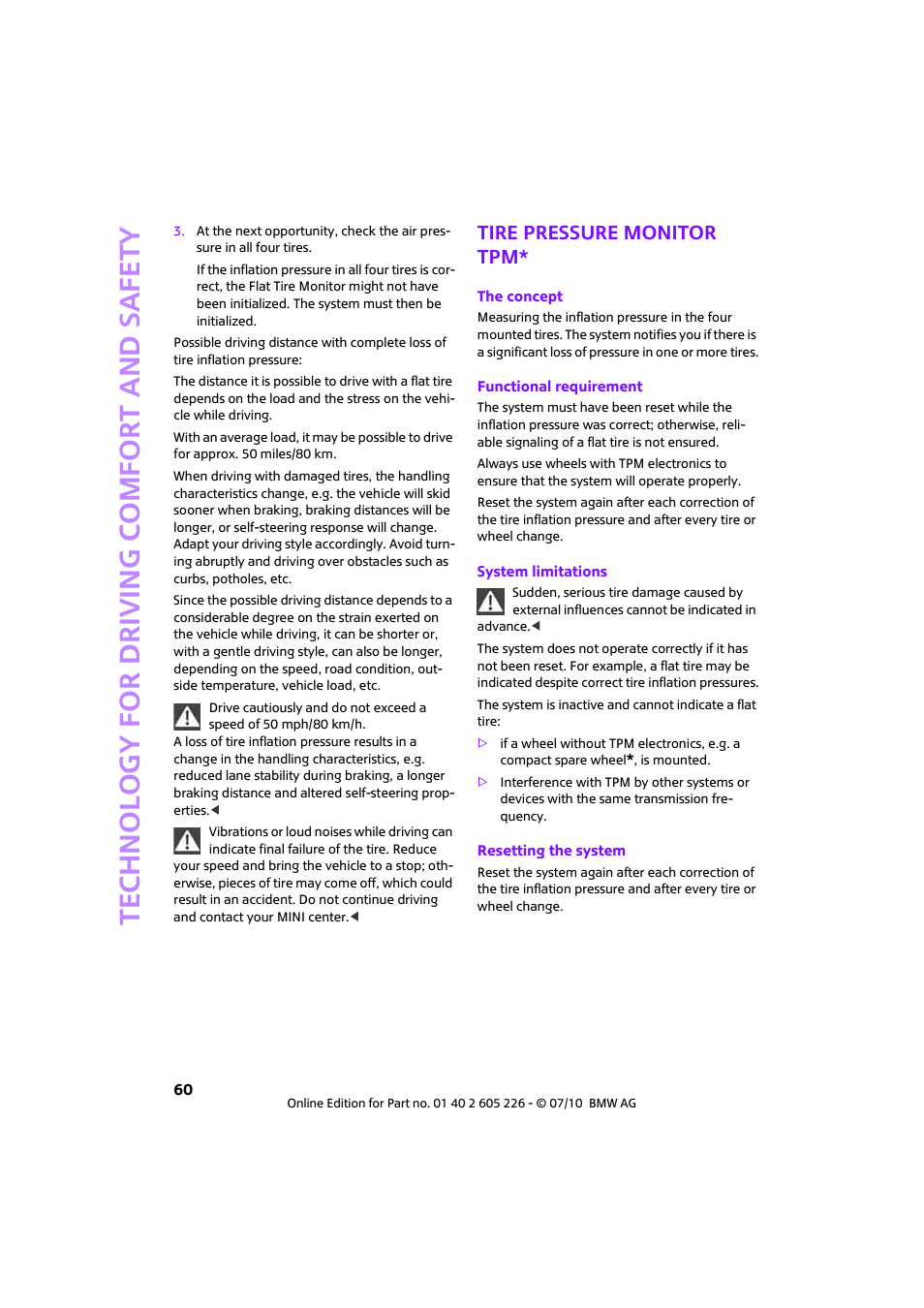 Tire pressure monitor tpm | Mini 2011 Clubman User Manual | Page 62 / 172