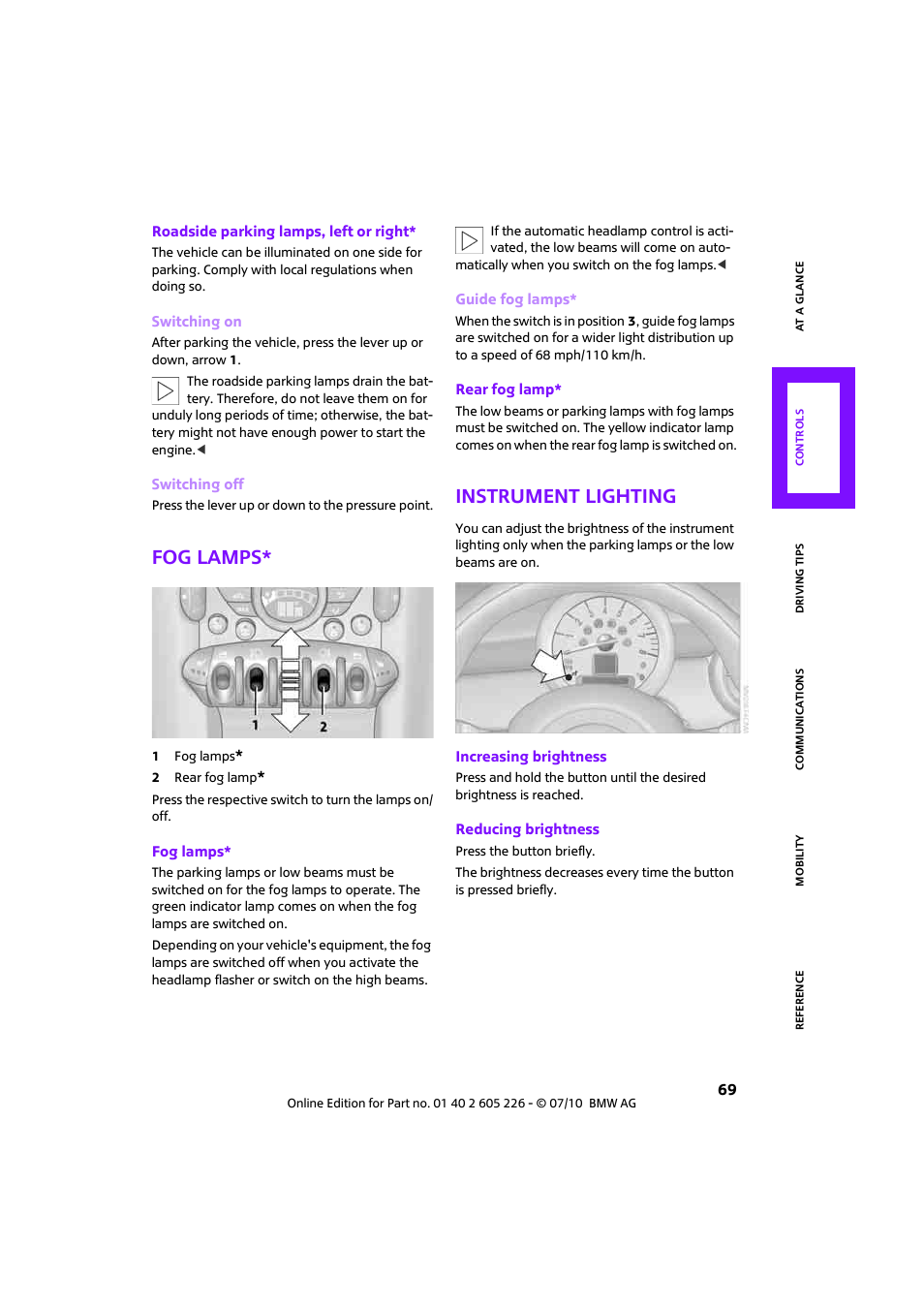 Fog lamps, Instrument lighting | Mini 2011 Clubman User Manual | Page 71 / 172