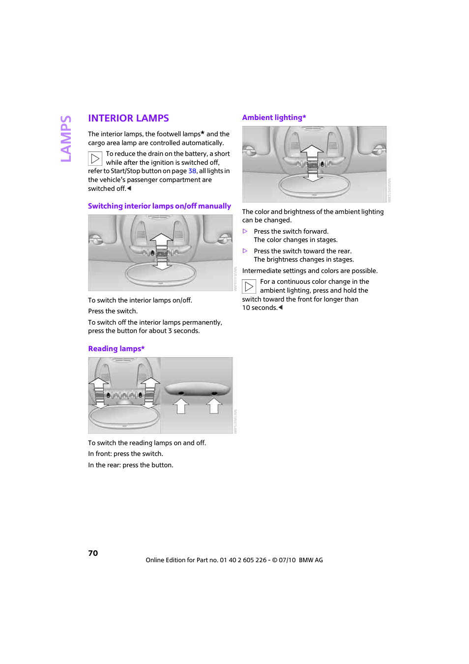 Interior lamps, Lamp s | Mini 2011 Clubman User Manual | Page 72 / 172