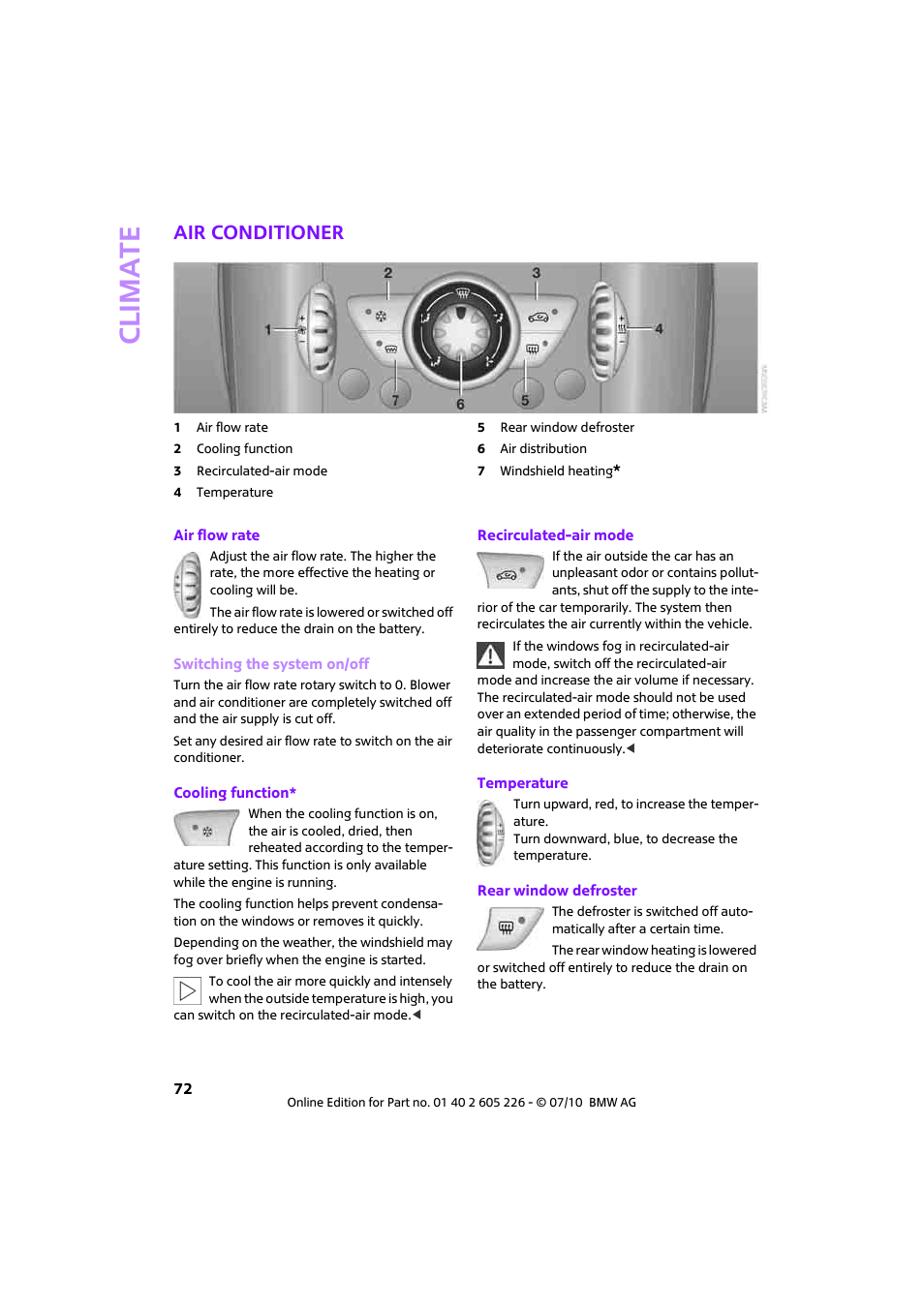Air conditioner, Climat e | Mini 2011 Clubman User Manual | Page 74 / 172