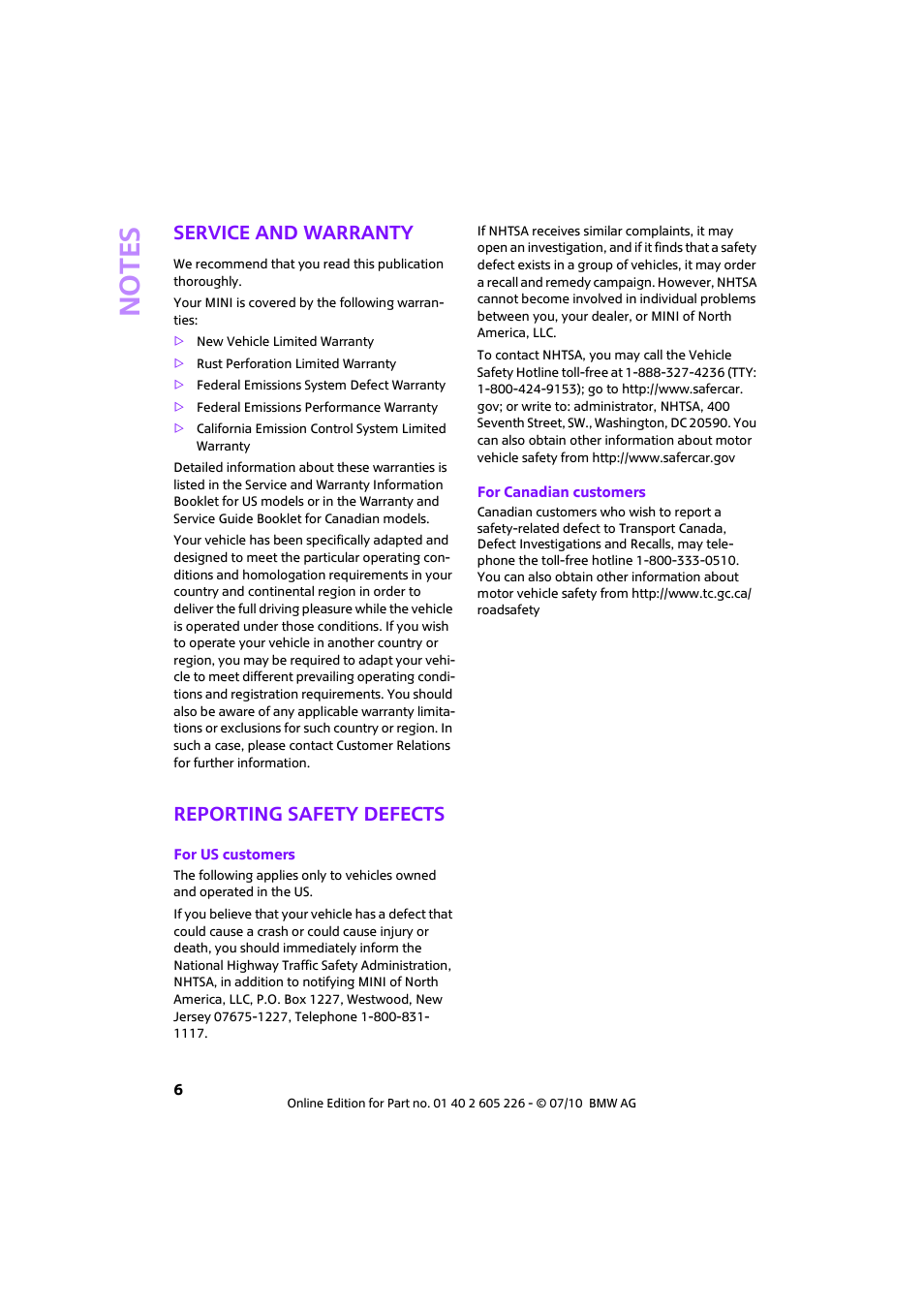 Service and warranty, Reporting safety defects, No te s | Mini 2011 Clubman User Manual | Page 8 / 172