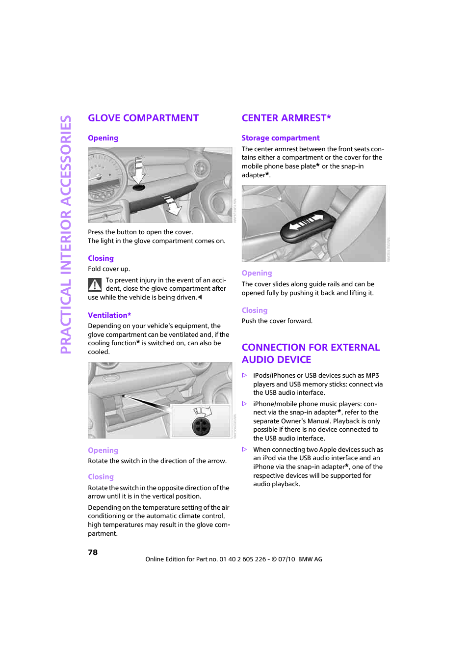 Glove compartment, Center armrest, Connection for external audio device | Prac tic a l interio r ac cess o r ie s | Mini 2011 Clubman User Manual | Page 80 / 172
