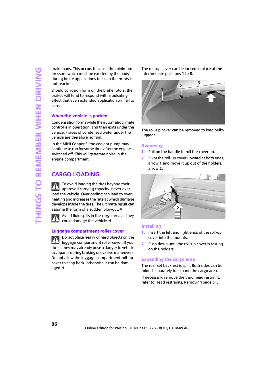 Cargo loading, Things to remember when driving | Mini 2011 Clubman User Manual | Page 88 / 172