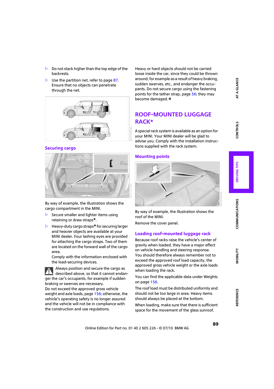 Roof-mounted luggage rack | Mini 2011 Clubman User Manual | Page 91 / 172