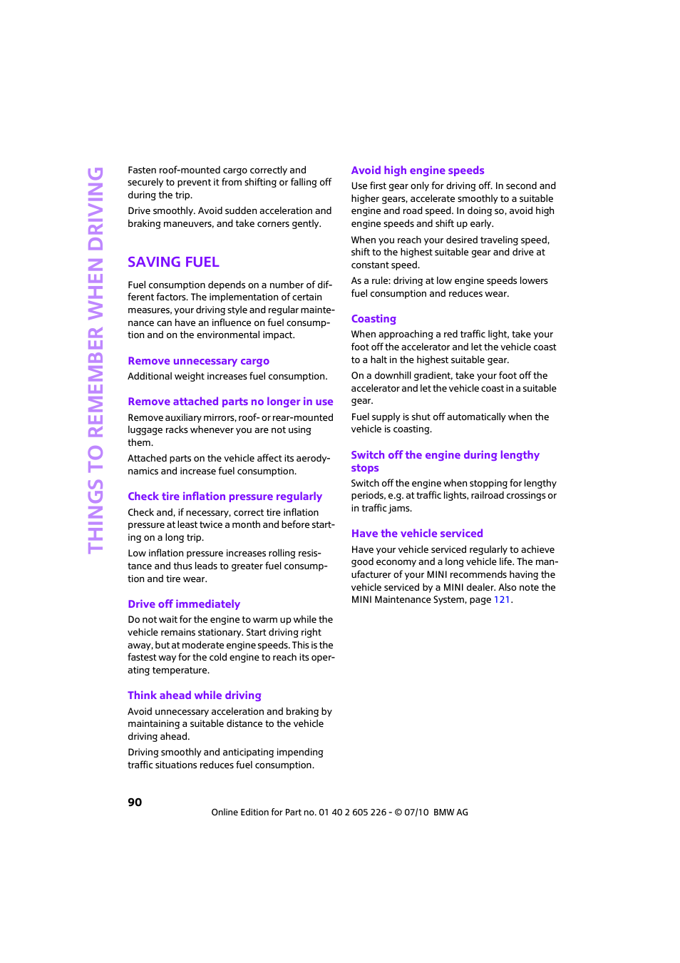 Saving fuel, Things to remember when driving | Mini 2011 Clubman User Manual | Page 92 / 172
