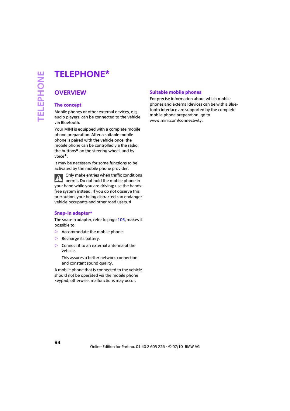 Telephone, Overview | Mini 2011 Clubman User Manual | Page 96 / 172