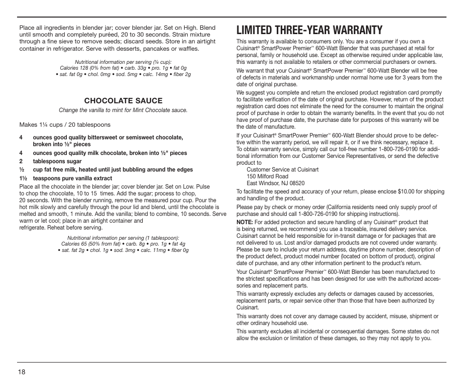 Limited three-year warranty, Chocolate sauce | Cuisinart SMARTPOWER PREMIER CBT500L User Manual | Page 18 / 41