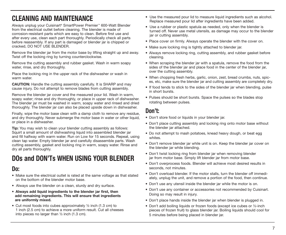 Cleaning and maintenance, Dos and don’ts when using your blender, Don’t | Cuisinart SMARTPOWER PREMIER CBT500L User Manual | Page 7 / 41