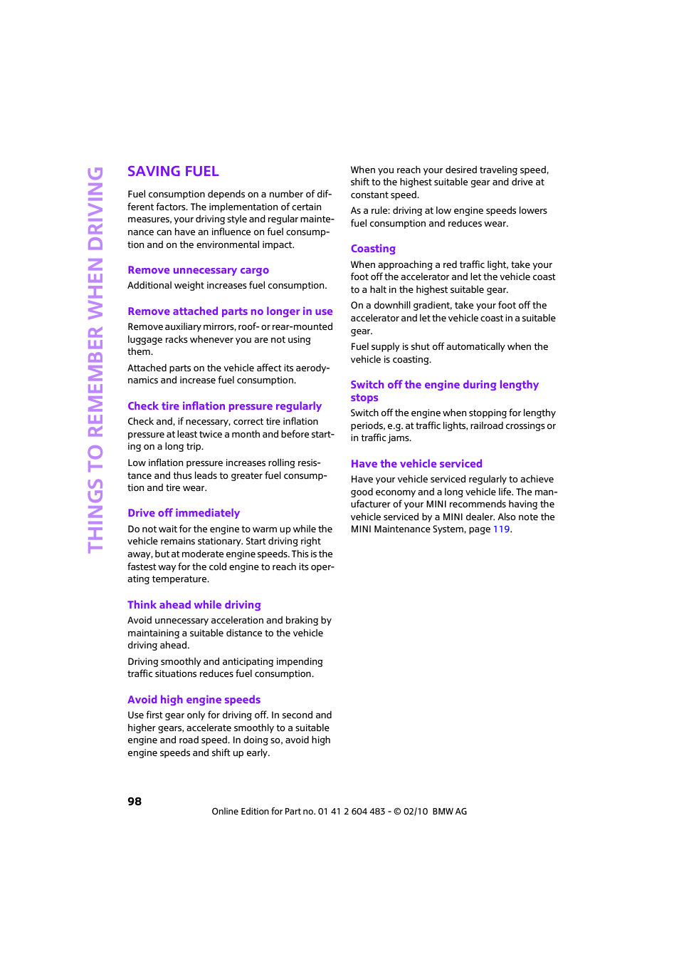 Saving fuel, Things to remember when driving | Mini 2010 Cooper Convertible User Manual | Page 100 / 174