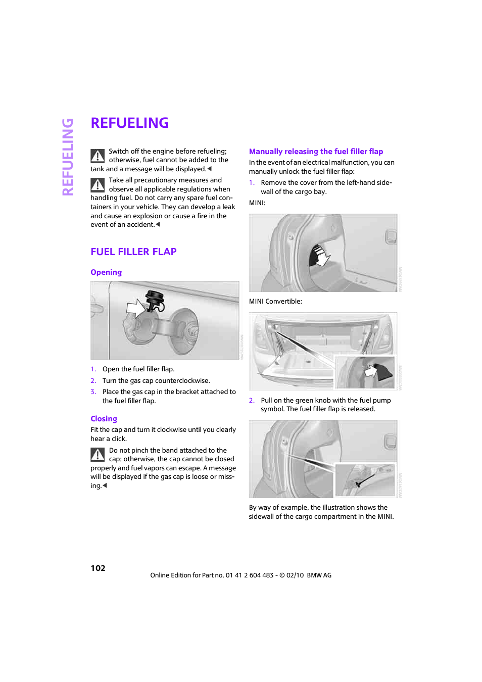 Refueling, Fuel filler flap | Mini 2010 Cooper Convertible User Manual | Page 104 / 174