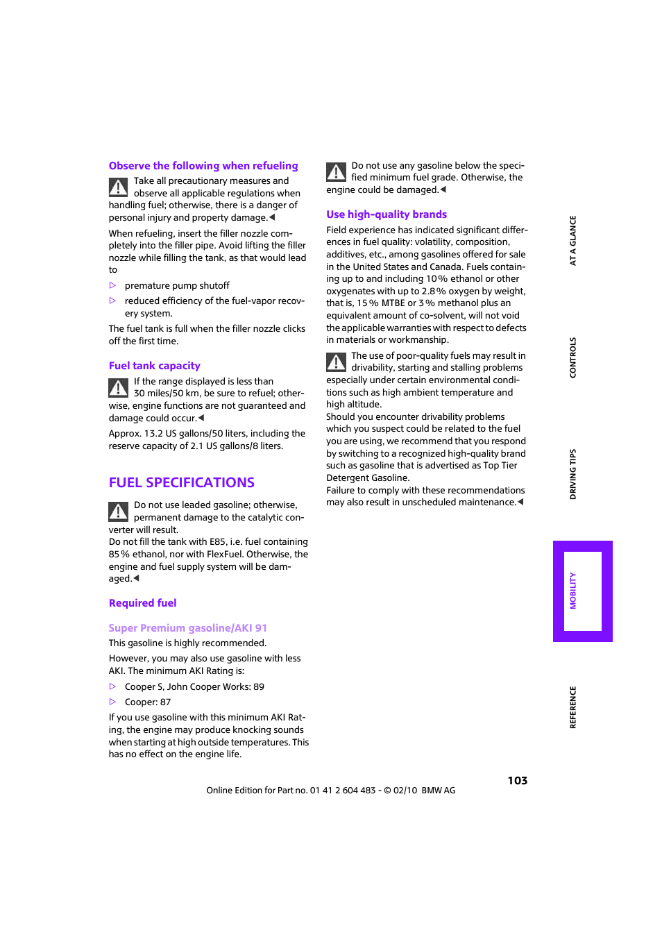Fuel specifications | Mini 2010 Cooper Convertible User Manual | Page 105 / 174
