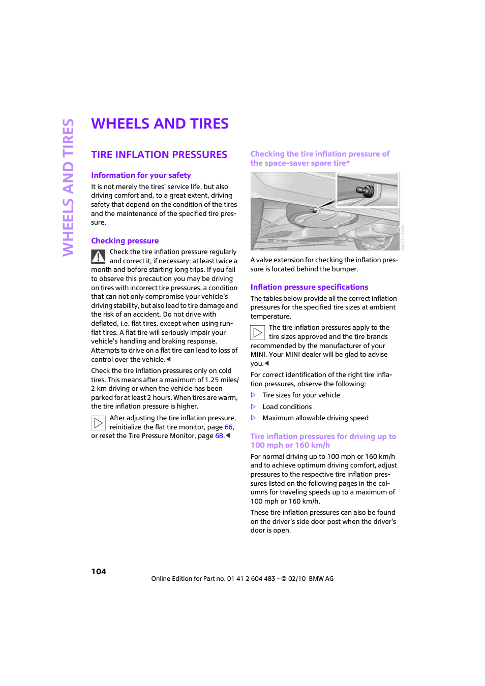 Wheels and tires, Tire inflation pressures, Whee ls and tire s | Mini 2010 Cooper Convertible User Manual | Page 106 / 174