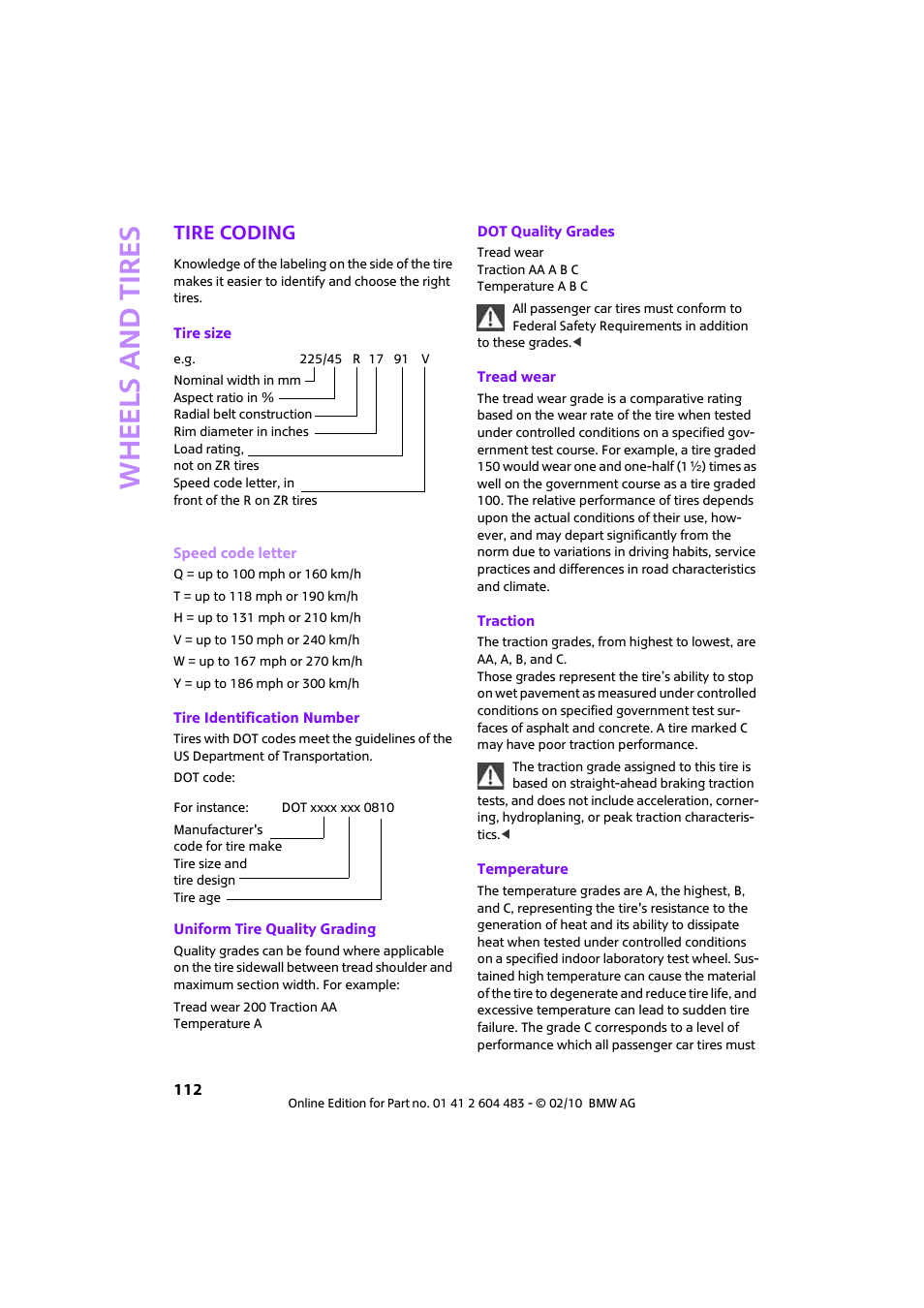 Tire coding, Whee ls and tire s | Mini 2010 Cooper Convertible User Manual | Page 114 / 174