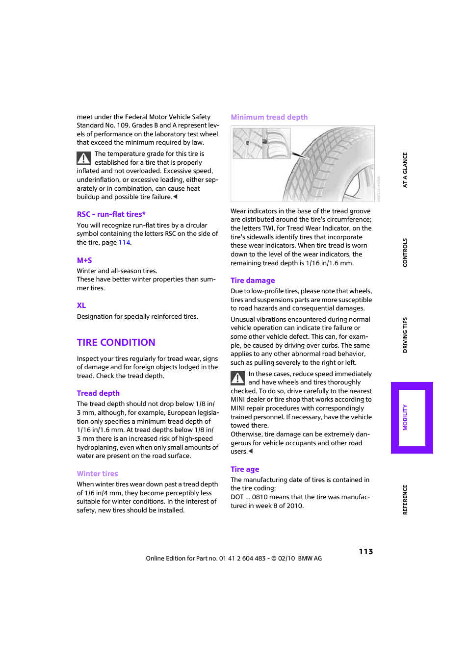 Tire condition, So to tread depth o | Mini 2010 Cooper Convertible User Manual | Page 115 / 174