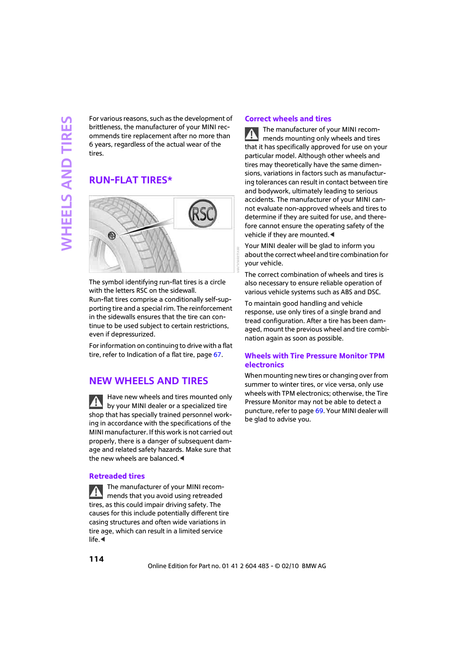 Run-flat tires, New wheels and tires, Othe | Whee ls and tire s | Mini 2010 Cooper Convertible User Manual | Page 116 / 174