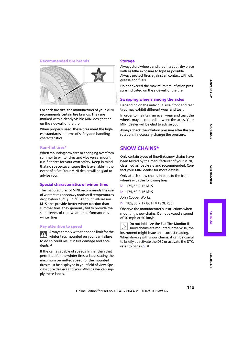 Snow chains | Mini 2010 Cooper Convertible User Manual | Page 117 / 174