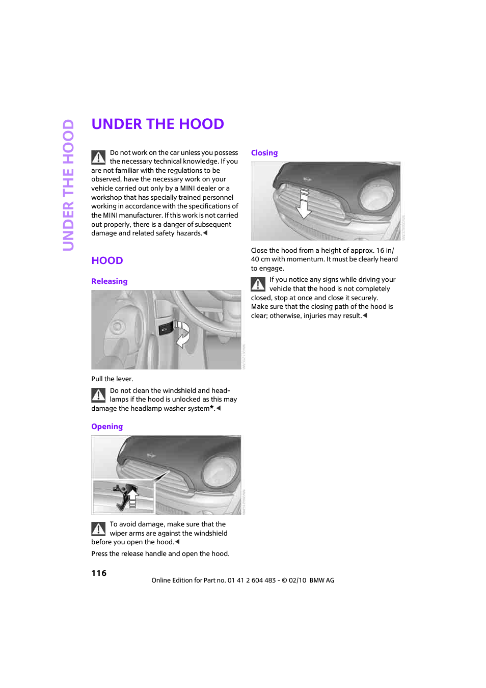 Under the hood, Hood | Mini 2010 Cooper Convertible User Manual | Page 118 / 174