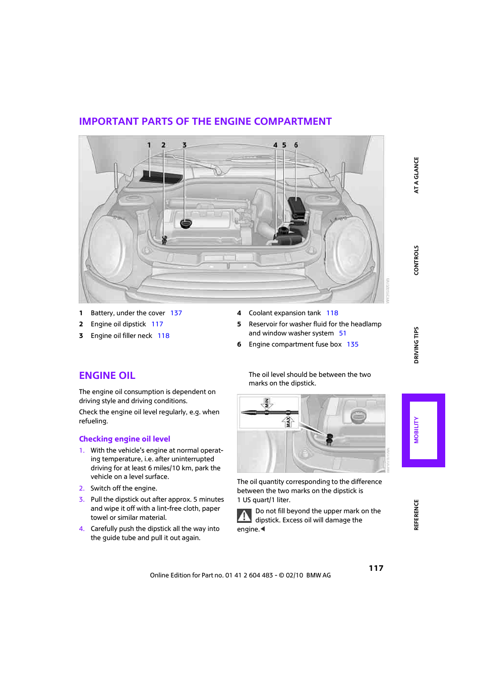 Important parts of the engine compartment, Engine oil | Mini 2010 Cooper Convertible User Manual | Page 119 / 174