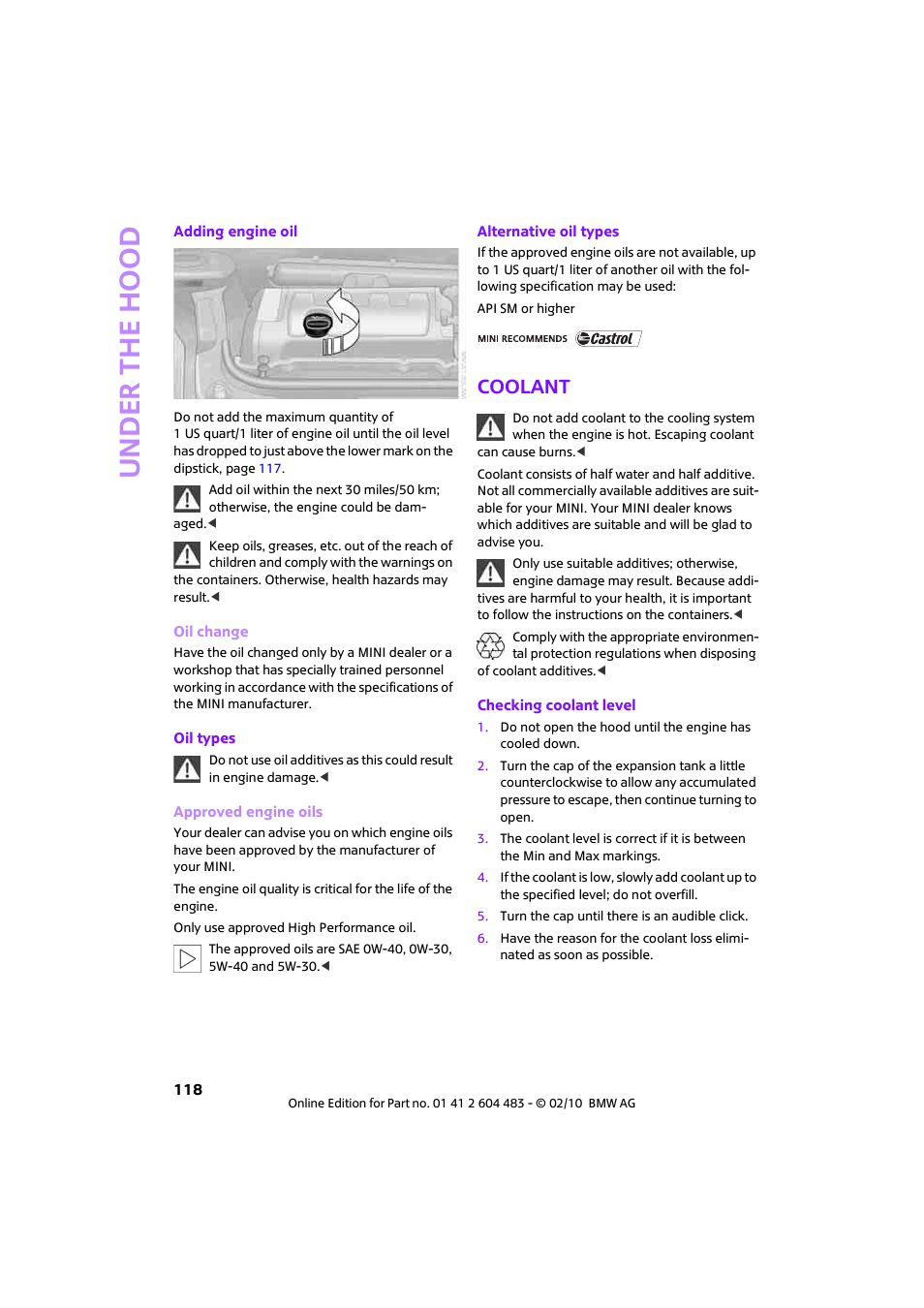 Coolant, N tank | Mini 2010 Cooper Convertible User Manual | Page 120 / 174