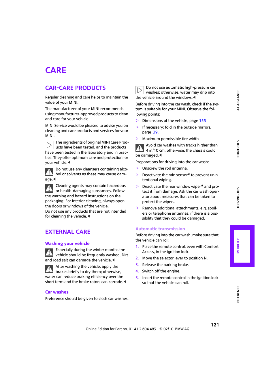 Care, Car-care products, External care | Mini 2010 Cooper Convertible User Manual | Page 123 / 174