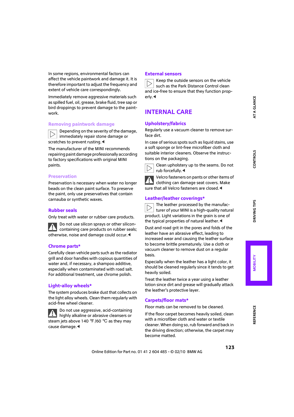 Internal care | Mini 2010 Cooper Convertible User Manual | Page 125 / 174