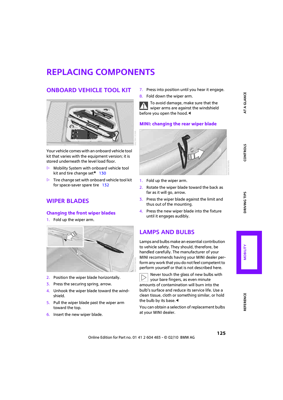 Replacing components, Onboard vehicle tool kit, Wiper blades | Lamps and bulbs | Mini 2010 Cooper Convertible User Manual | Page 127 / 174