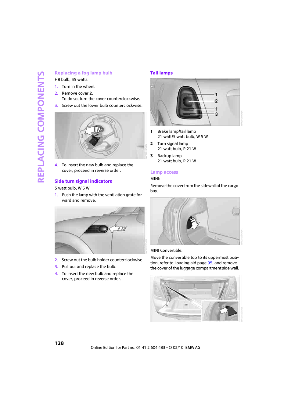 Re p la c ing co mp o n en ts | Mini 2010 Cooper Convertible User Manual | Page 130 / 174