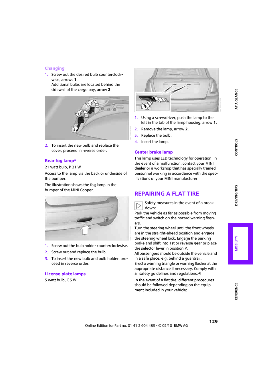 Repairing a flat tire | Mini 2010 Cooper Convertible User Manual | Page 131 / 174
