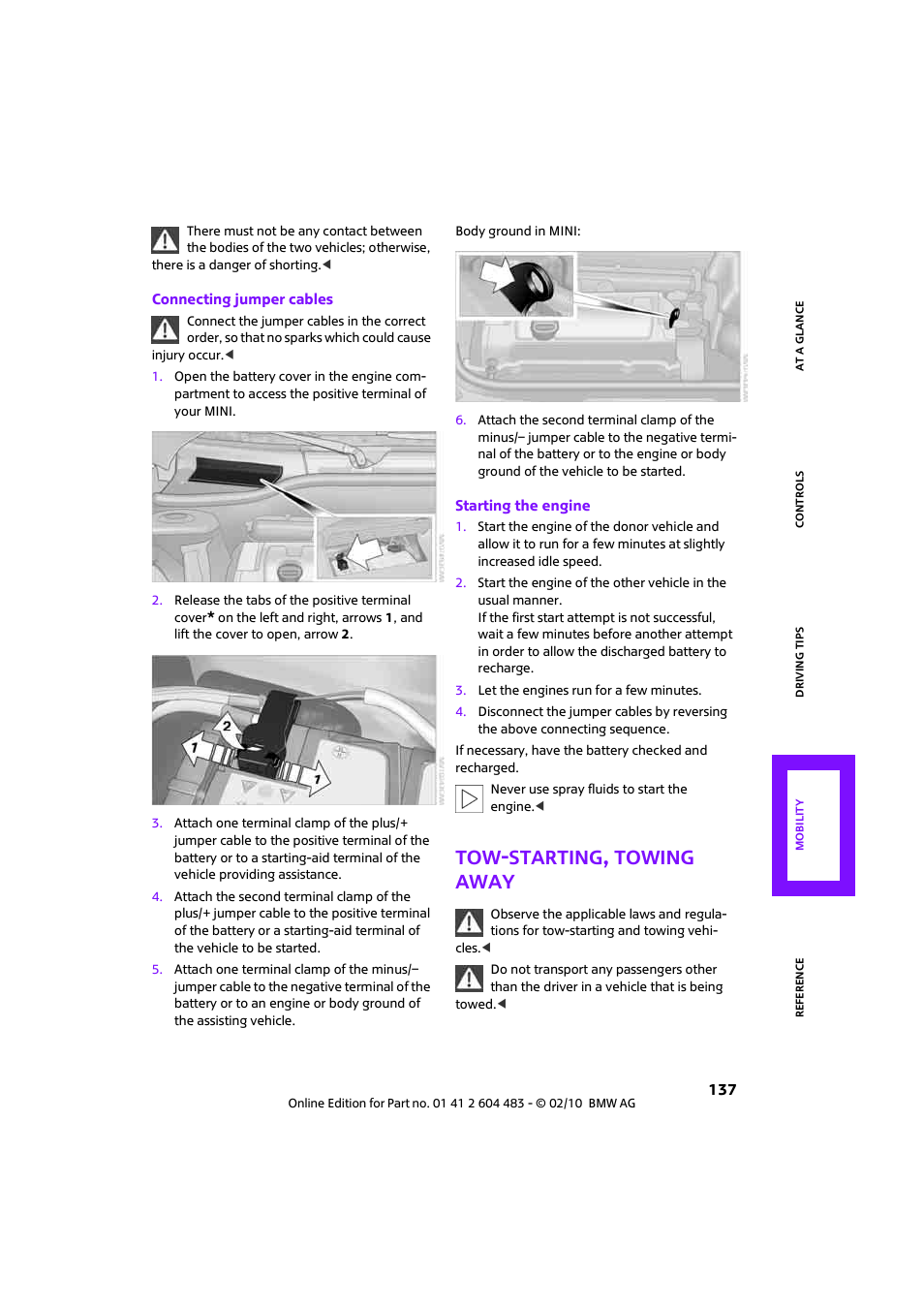 Tow-starting, towing away | Mini 2010 Cooper Convertible User Manual | Page 139 / 174