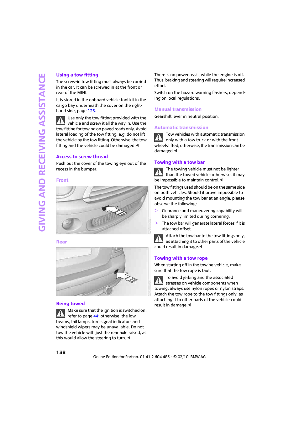 Giving and receiving assi stance | Mini 2010 Cooper Convertible User Manual | Page 140 / 174