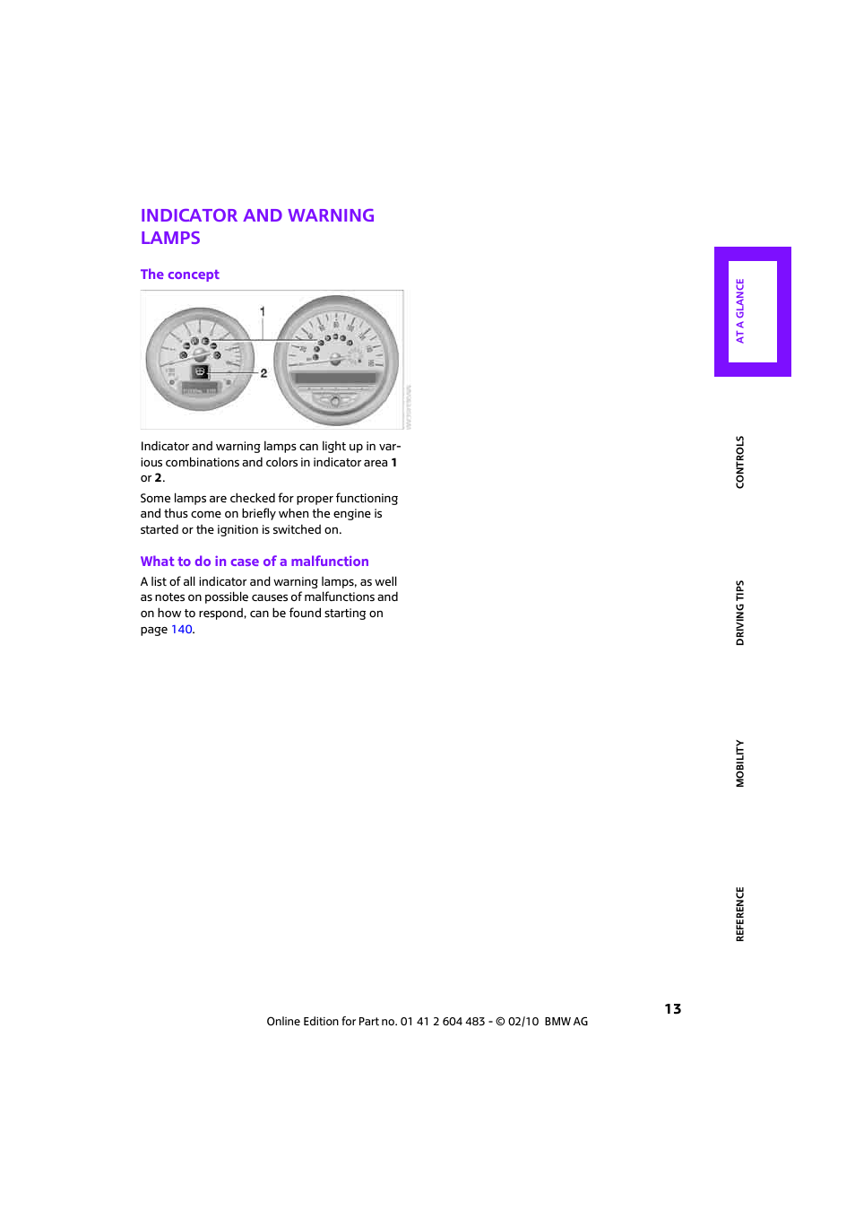 Indicator and warning lamps | Mini 2010 Cooper Convertible User Manual | Page 15 / 174