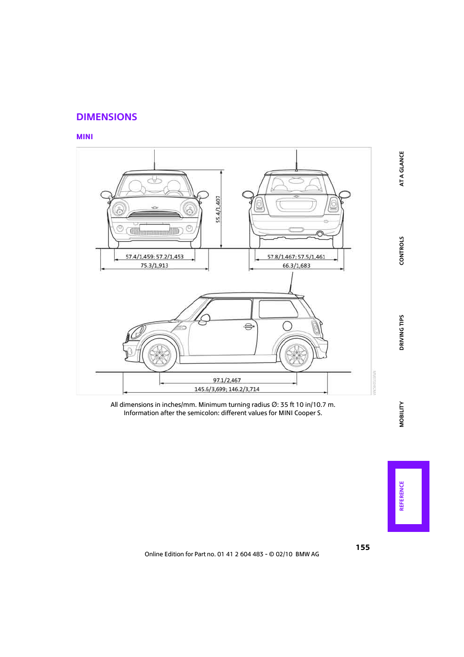 Dimensions | Mini 2010 Cooper Convertible User Manual | Page 157 / 174