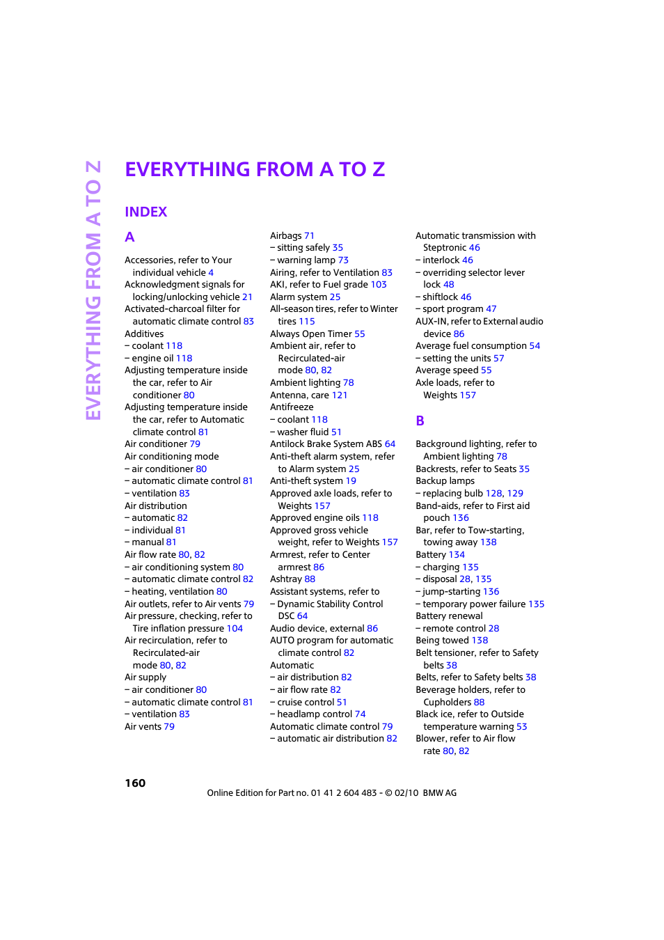 Everything from a to z, Index, Every th ing from a to z | Index a | Mini 2010 Cooper Convertible User Manual | Page 162 / 174