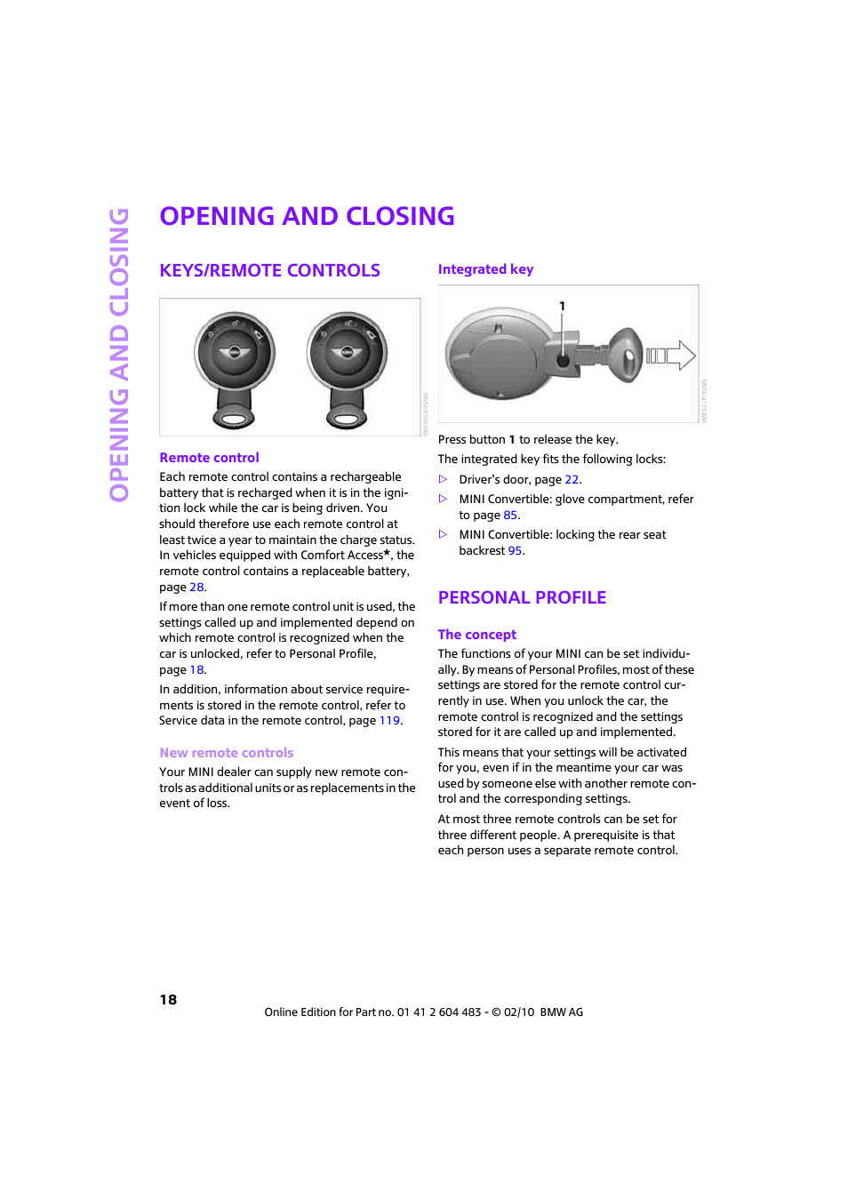 Opening and closing, Keys/remote controls, Personal profile | Open ing and closing | Mini 2010 Cooper Convertible User Manual | Page 20 / 174