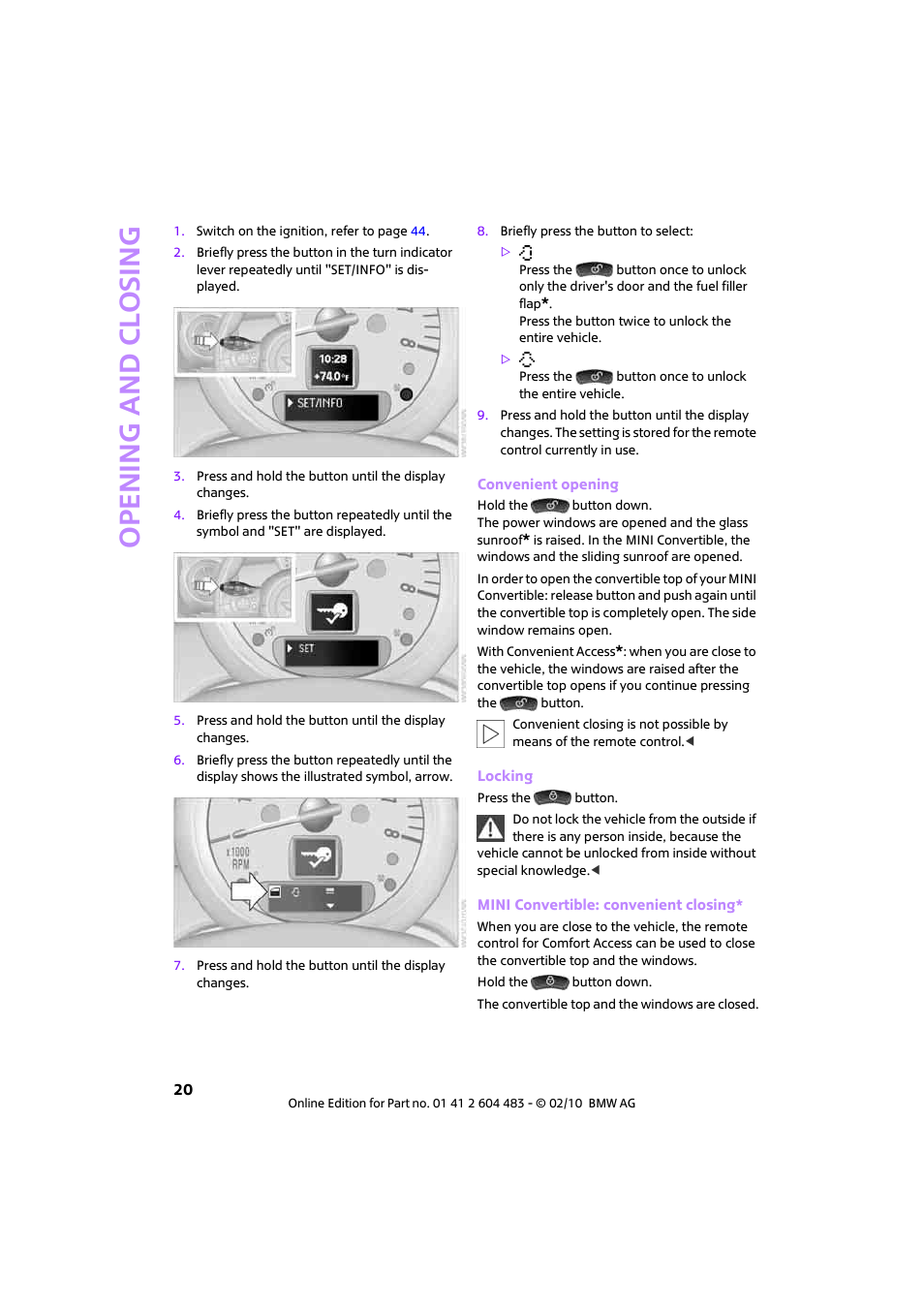 Open ing and closing | Mini 2010 Cooper Convertible User Manual | Page 22 / 174