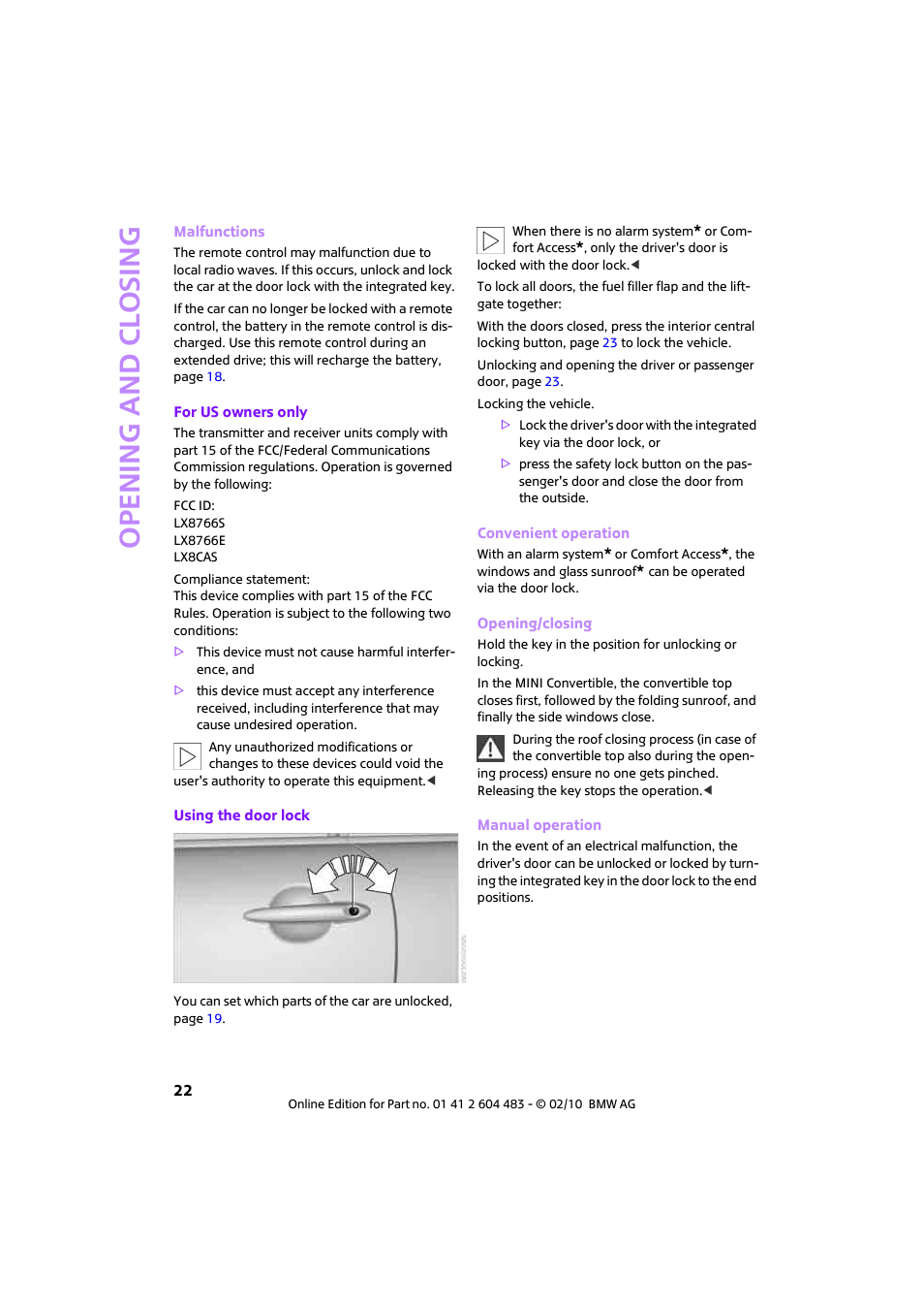 Open ing and closing | Mini 2010 Cooper Convertible User Manual | Page 24 / 174