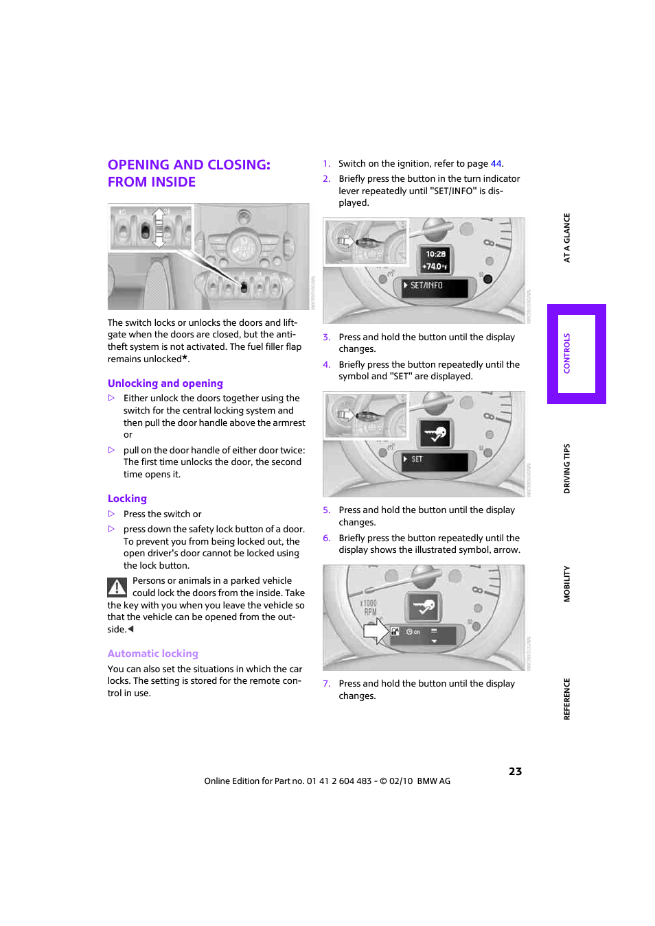 Opening and closing: from inside | Mini 2010 Cooper Convertible User Manual | Page 25 / 174