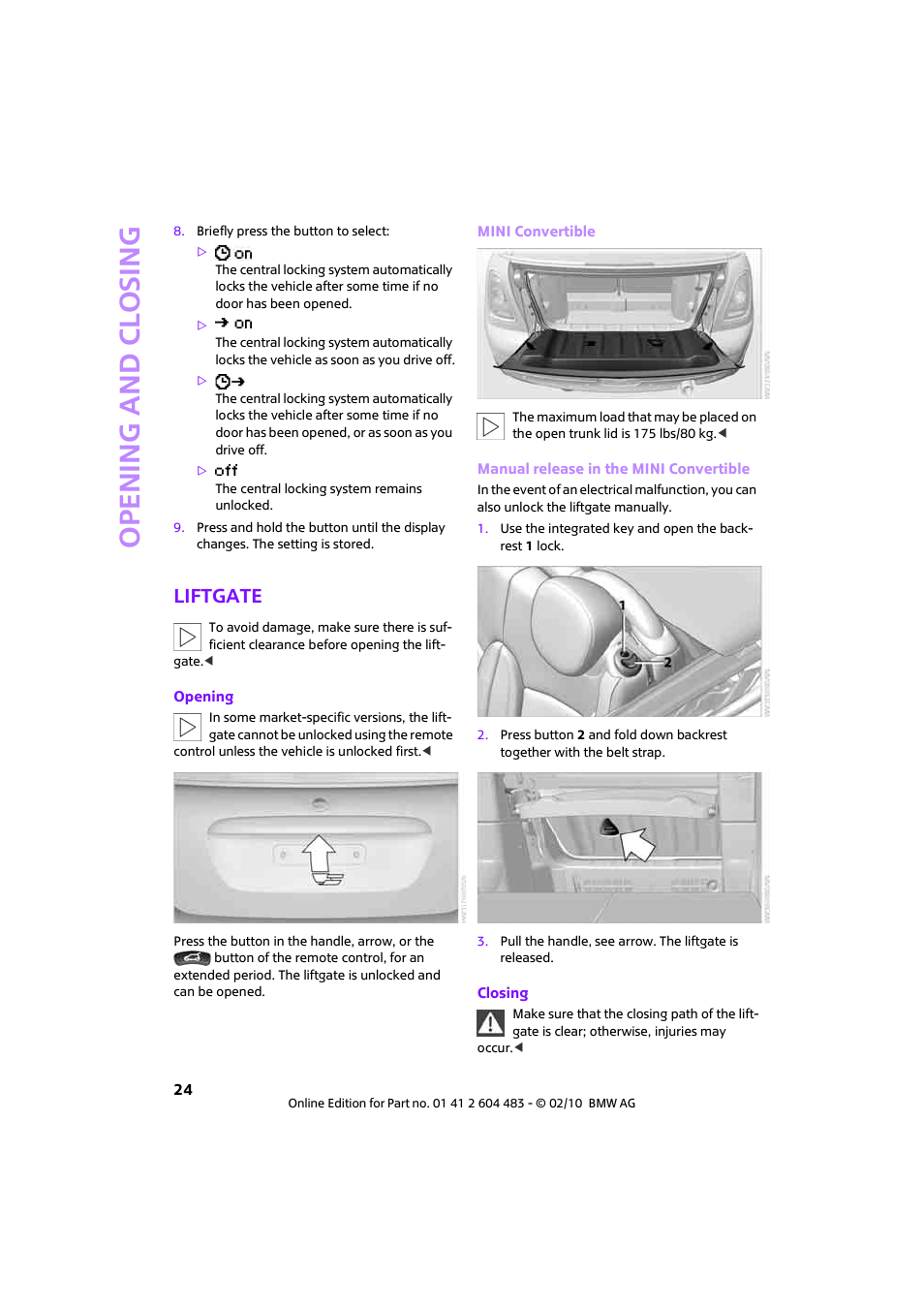 Liftgate, Open ing and closing | Mini 2010 Cooper Convertible User Manual | Page 26 / 174