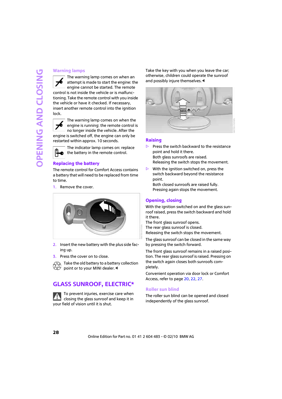 Glass sunroof, electric, Open ing and closing | Mini 2010 Cooper Convertible User Manual | Page 30 / 174